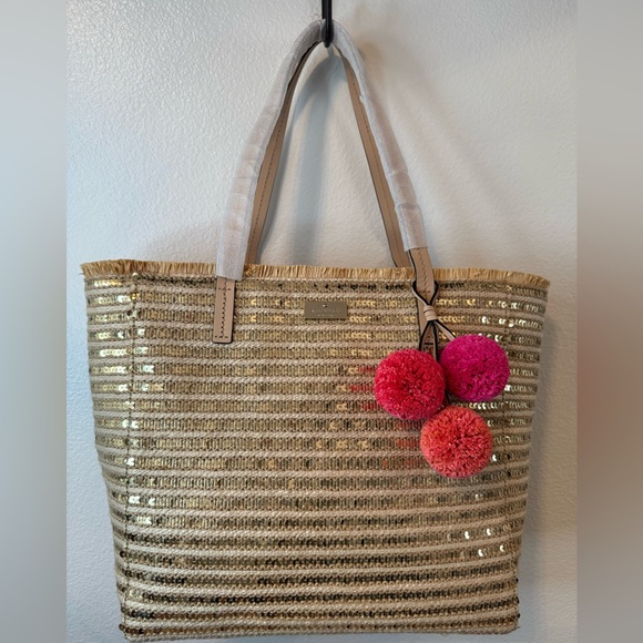 NWT Kate Spade Hallie Garden Way Sequin Raffia Tote Bag With PomPom - Picture 2 of 10